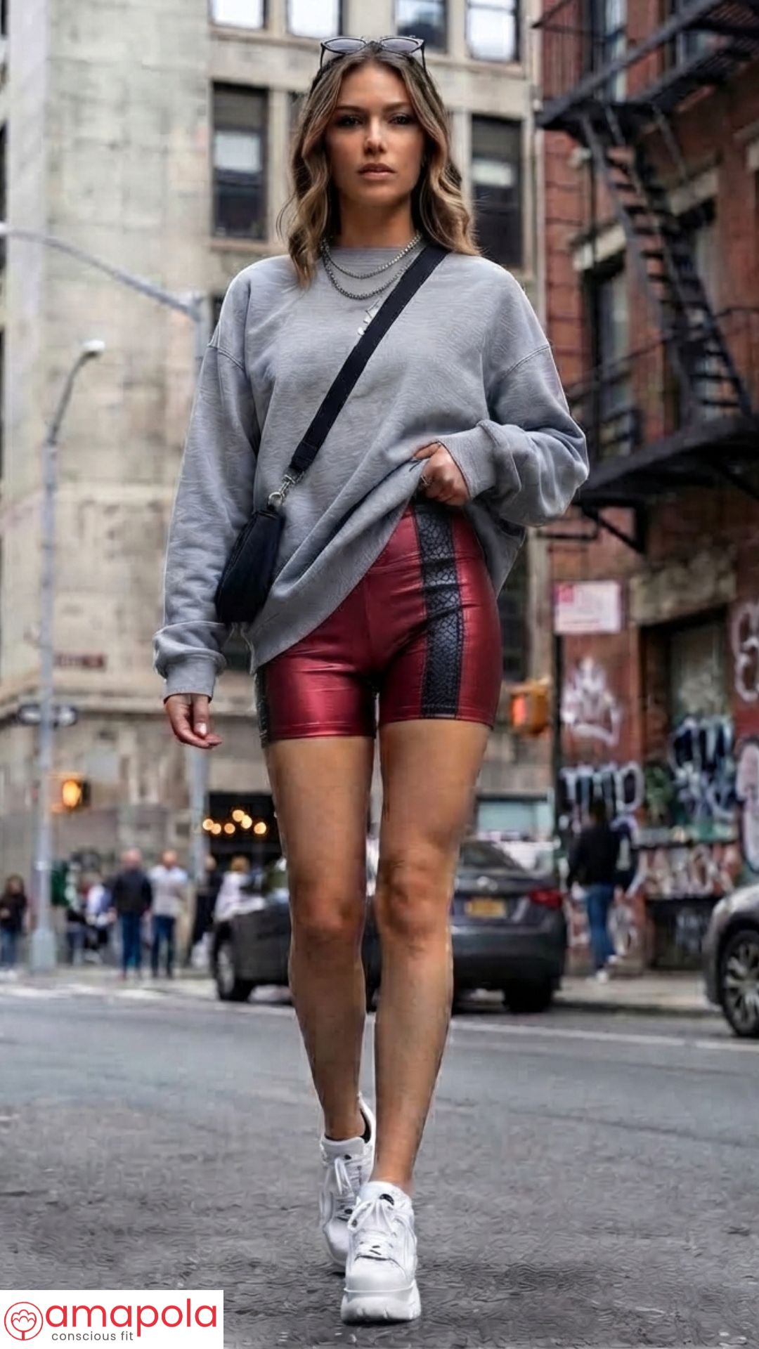 Short engomado rojo con recorte en animal print- Lookbook amapola conscious fit